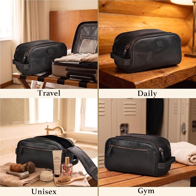 LEATHER VILLAGE Genuine Leather Toiletry Travel Bag With Waterproof Lining - Black | King-Size Handcrafted Vintage Dopp Kit Bag, Shaving & Bathroom Organizer, Gift for Men & Women - Image 7