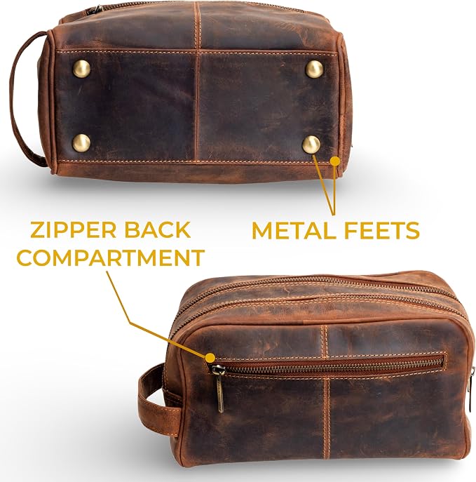 Leather Toiletry bag for men - Travel Pouch for Men & Women, Leather Dopp Kit, Cosmetic Makeup Kit with Waterproof Lining, Spacious Zippered Organizer (Tan Brown) - Image 4