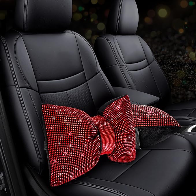 ChuLian 4 PCS Bling Car Pillows,Rhinestones Bowknot Car Headrest Pillow,Red | Car Neck Pillow for Driver Relax Neck Support,Sleeping Travel Support Neck Pillow,Diamond Interior Accessories for Women - Image 3
