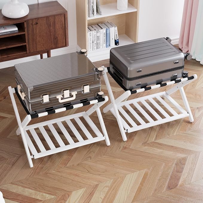 Smuxee Fully Assembled White Luggage Rack Pack of 2, Bamboo Foldable Suitcase Stand with 5 Nylon Straps, Luggage Holder with Shelf for Guest Room Bedroom Hotel - Image 9
