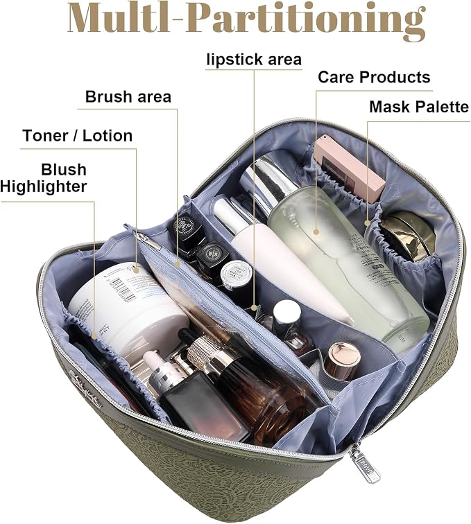 BOYATU Travel Makeup Bags Cosmetic Organizer Bag: 3 Pcs Set Large Capacity Make up Bag with Compartments - Waterproof Leather Toiletry Bags with Handle for Women (A-Green) - Image 3