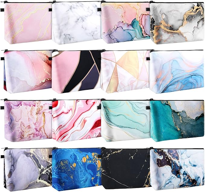 Dunzy 16 Pcs Bulk Makeup Bag for Women Appreciation Gifts for Teacher Canvas Cosmetic Bags with Zipper Pouches Waterproof Travel Toiletry Organizer for Girls Mother Teacher Nurse Bridesmaids (Marble) by Dunzy