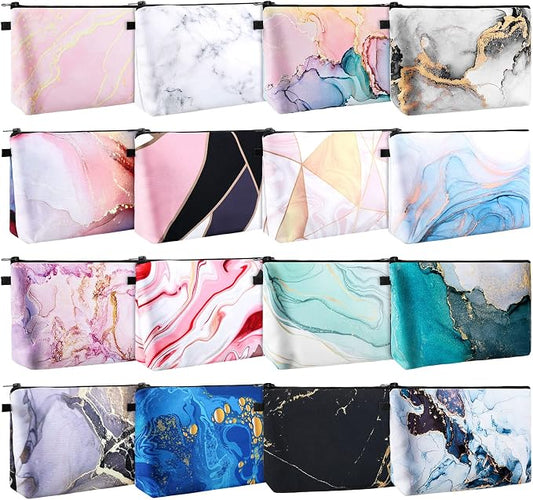 Dunzy 16 Pcs Bulk Makeup Bag for Women Appreciation Gifts for Teacher Canvas Cosmetic Bags with Zipper Pouches Waterproof Travel Toiletry Organizer for Girls Mother Teacher Nurse Bridesmaids (Marble) by Dunzy