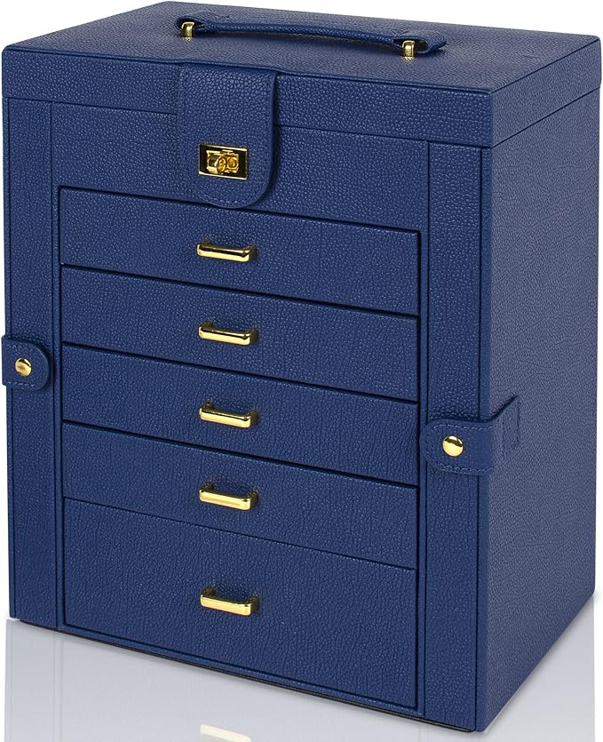 AKOZLIN 6-Tier Jewelry Box Organizer Functional 5 Drawers Leather Jewelry Storage Case for Women Girls Ring Necklace Earring Bracelet Holder Organizer with Mirror Blue Large - Image 6