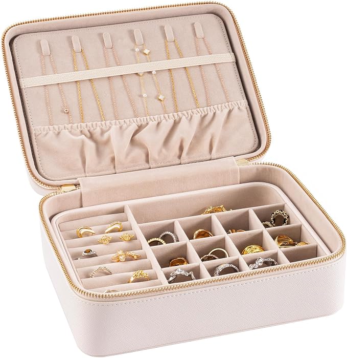 Jewelry Box for Travel – Premium Leather Jewelry Box for Women & Men with Gold-Tone Zipper Hardware, Multi-Compartment Jewelry Organizer, (Cream) by LIGNORA