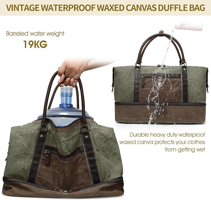 Waxed Canvas Duffel Bag with Shoe Compartment | 3-Piece Oversized Weekender Set Genuine Leather Trim Vintage Travel Carry-On Overnight Bag - Image 5