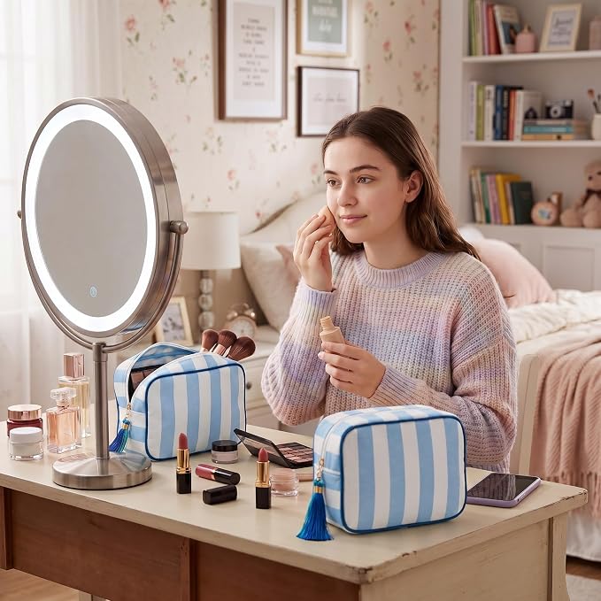 Kacctyen 6 Pack Baby Blue and White Striped Makeup Bag bulk with Tassel Travel Cosmetic Pouch Organizer Large Zipper Toiletry Case for Women Aesthetic Storage Pouch Mahjong Tile Bag - Image 6