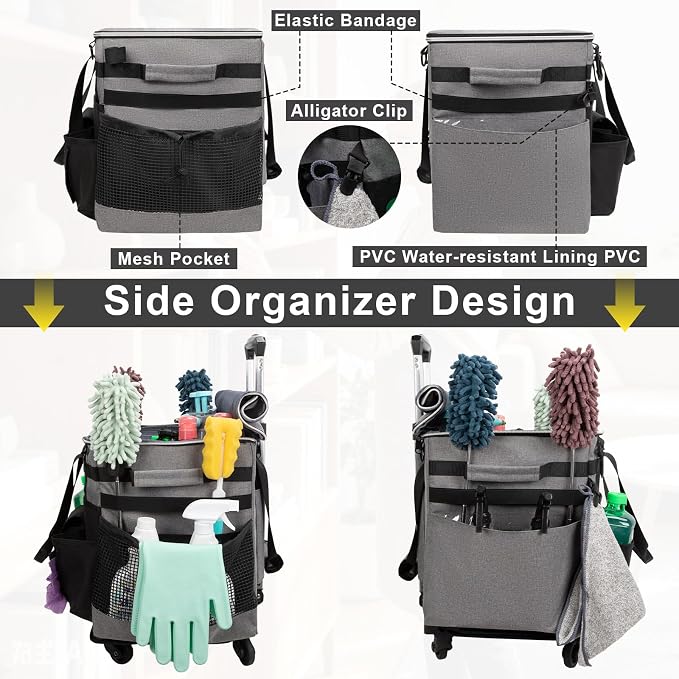 Large Rolling Cleaning Caddy with Wheels, Cleaning Supplies Organizer with Detachable Trolley, Water-resistant Cleaner Cart for Housekeepers, Multi Pocket Cleaning Cart with Strap, Gray - Image 7