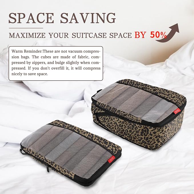 U+U 6 Set Compression Packing Cubes - Ultralight Travel Organizers with Laundry Bag, Space-Saving Suitcase Organizer, Expandable Packing Cubes for Travel, Business Trip and Family Vacation (Leopard) - Image 3