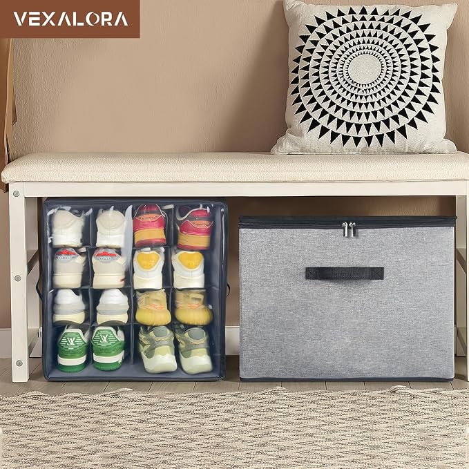 Shoe Organizer Box 2 Pack, Shoe Storage Organizer with Clear Cover, Adjustable Dividers Fits 16-32 Pairs, Fabric Shoe Organizer for Closet, Grey - Image 7