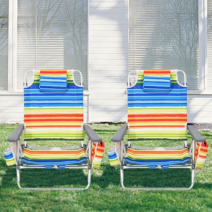 Giantex Folding Beach Chair, Patio Sling Chairs with 5 Adjustable Position, Head Pillow, Storage Bag, Towel Bar, Cup Holders, Backpack Chairs for Sunbathing, Camping Chair - Image 4