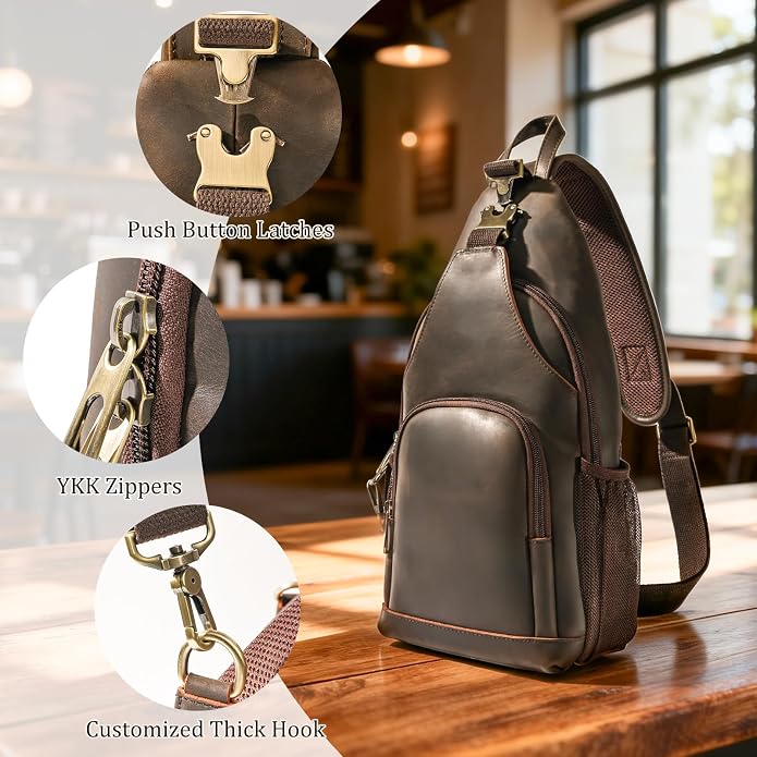 Polare Full Grain Cowhide Anti Theft Chest Shoulder Bag Vintage Sling Crossbody Casual Daypack - Image 8