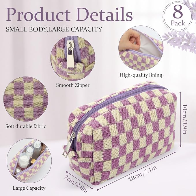 Gilprop 8 Pcs Checkered Makeup Bag for Purse Small Cosmetic Pouch Bulk Portable Zipper Makeup Pouch Travel Toiletry Organizer Gifts for Women Bridesmaid Wedding Party Favors (Purple) - Image 2