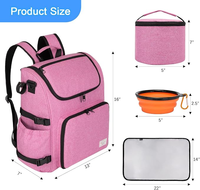 Modoker Multi-Compartment Dog Travel Backpack for Pet Supplies, Pink | Dog Travel Accessories Organizer with 2 Food Bags, 2 Bowls, Quick-Access Pockets, Tissue Opening, Luggage Sleeve, Feeding Mat - Image 4