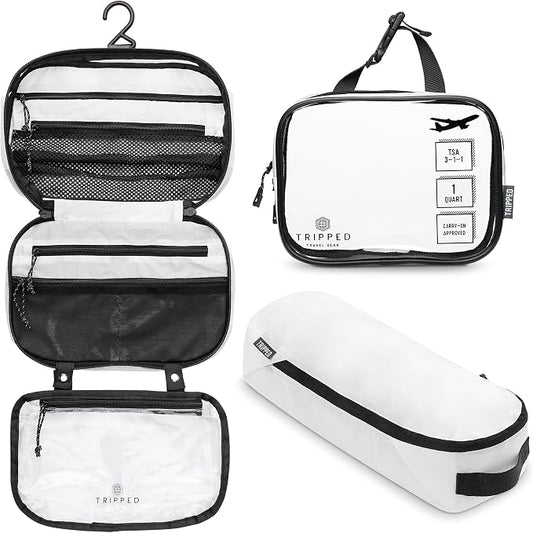 Toiletry Bag Kit 3 Piece Set: Hanging Travel Toiletry Bag + 311 TSA Cosmetic Liquid Bag + Accessory Organizer Pouch by TRIPPEDTravelGear