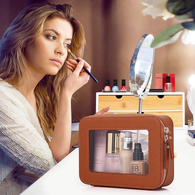Pinkmik Clear Makeup Bag for Women Waterproof Travel Cosmetics and Toiletries Case Portable Makeup Oaganizer Bag Clear Car Bag with Zipper (X/Brown, M+L) - Image 3