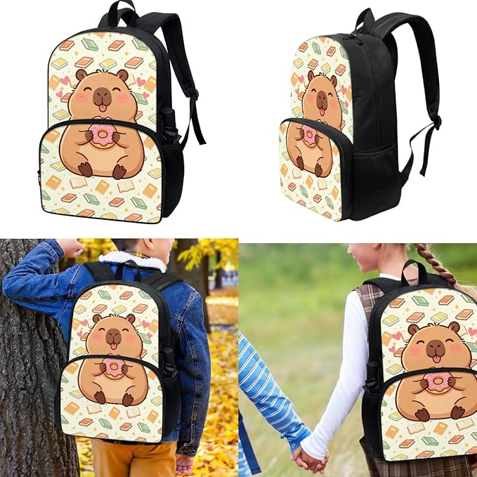 3Pcs Backpack Sets, Kids Capybara Book Bookbag Primary School Daypack Elementary Students Knapsack with Insulated Lunch Box Pencil Case for Teens Girls - Image 2