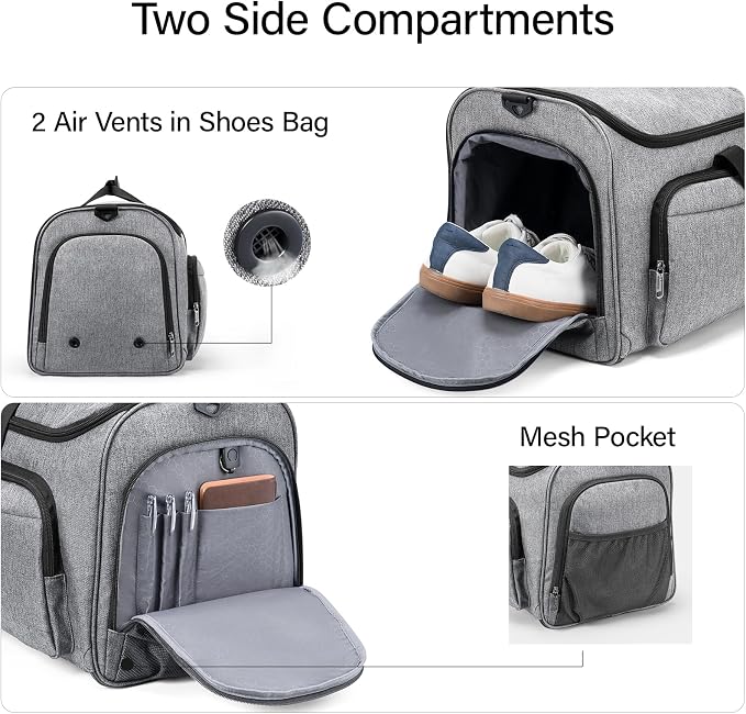 Hanke Carry On Garment Duffle Bag with Shoe Compartment, Light Grey | 55L Large Capacity with Multi-Pockets & Shoulder Strap, Wrinkle-Free, Water-Resistant, Portable Weekender for Business - Image 3