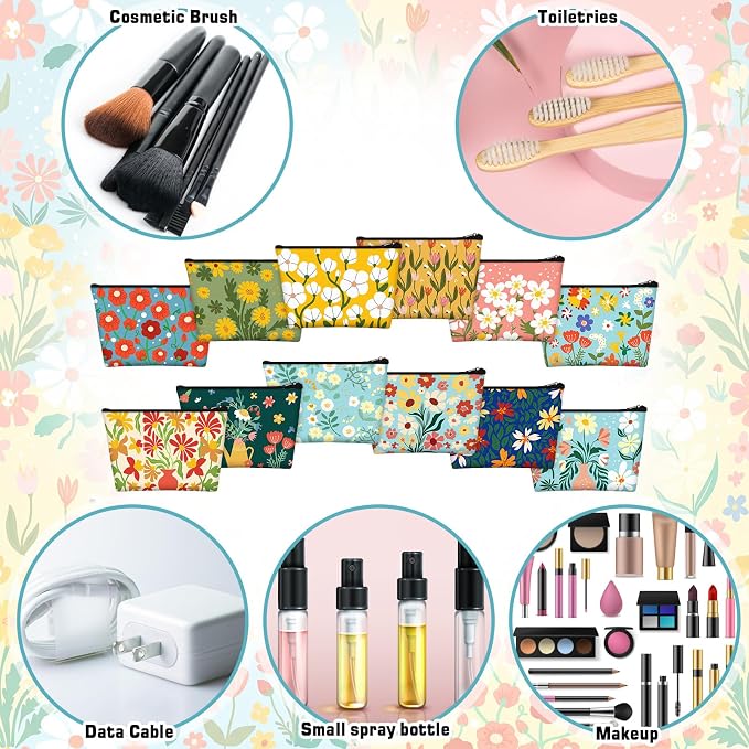 Sweetude 24 Pcs Colorful Floral Makeup Bag Bulk Portable Travel Cosmetic Bags with Zipper Simple Flower Waterproof Roomy Travel Toiletry Organizer Storage Beauty Pouch for Women Gifts - Image 4