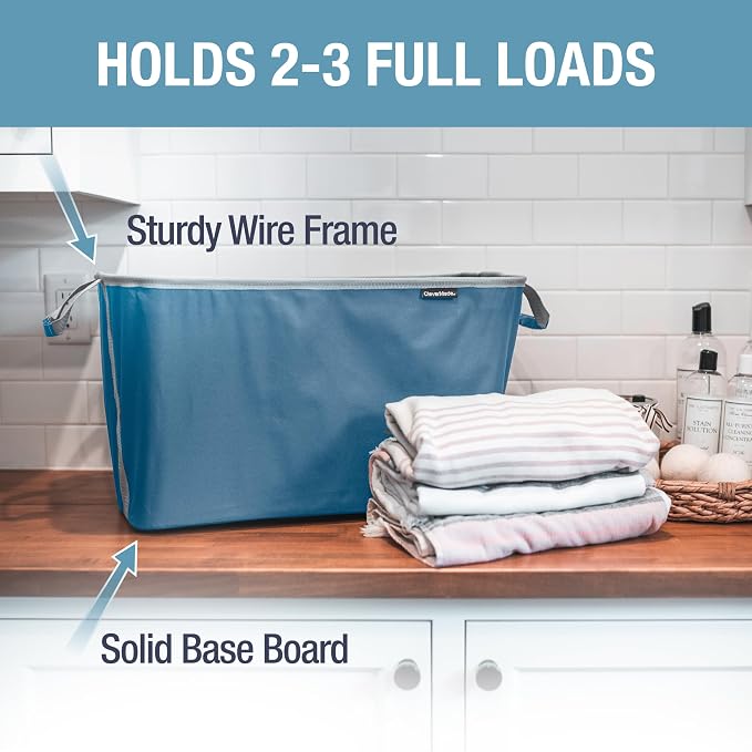 CleverMade Collapsible Laundry Basket 2 Pack – 60L (16 Gal) Foldable Clothes Hamper with Reinforced Handles, Space Saving Fabric Laundry Bin, Holds 55 lbs, Flat Folding for Dorm, Apartment & RV - Denim - Image 2