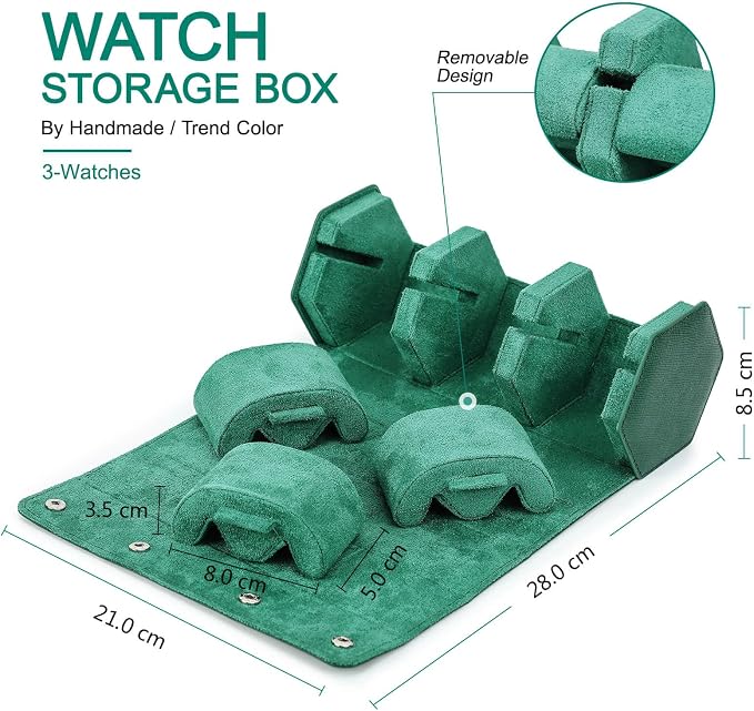 Hiram Genuine Leather Hexagon Watch Roll Travel Case, Leather 3-Watches Roll Case with Removable Pillow Cushion for Treasured Watches and Bracelets -Green - Image 2