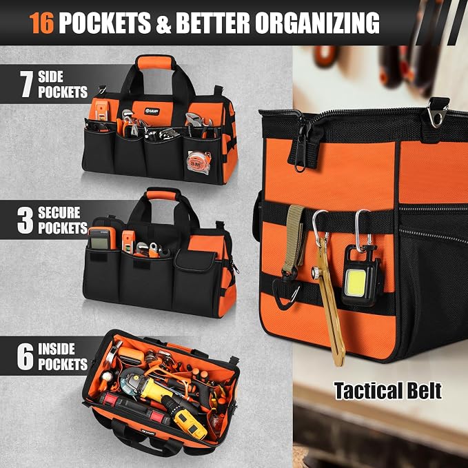 UUP 18" Large Tool Bag, Heavy Duty Spacious Tool Box Organizer, Orange | 16 Pockets & MOLLE. Detachable Strap & Handle. Non-slip Base, Metal Buckle. 30lb Holds Drill/Tool on Truck, Garage, Men Gift. - Image 3
