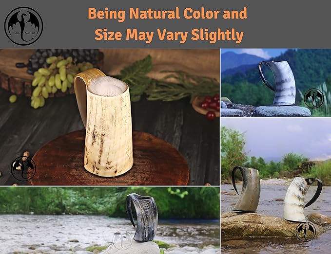 OLDEMPEROR Viking Drinking Horn Mug -16 Oz - Chirstmas Gifts for Men, Women, Dad, Husband - Unique Handmade for Hot & Cold - Food Grade Medieval Style Ale Beer & Mead Cup