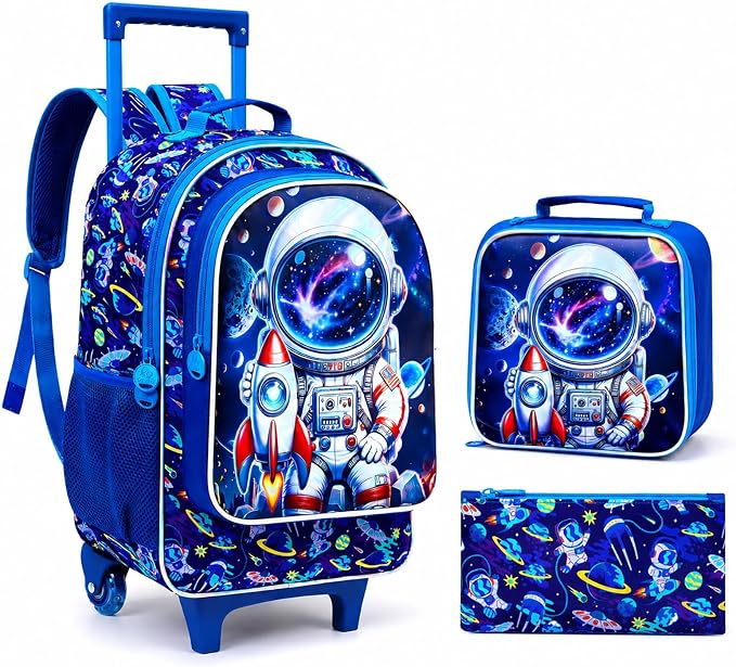 AGSDON 3PCS Rolling Backpack for Girls Boys, Kids Roller Wheels Bookbag, Wheeled School Bag with Lunch Bag by AGSDON
