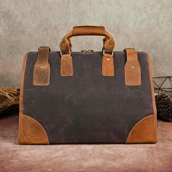 Water Resistant Canvas + Leather Travel Luggage Tote Duffle Gym Suitcase Weekender Overnight Bag For Men Male FB8151 (X-8151-Green) - Image 5