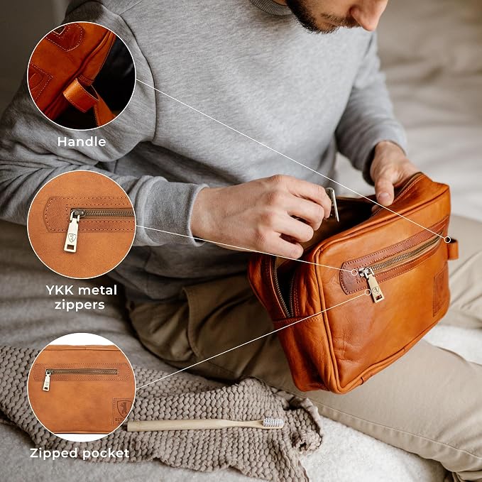 BERLINER BAGS Vintage Genuine Leather Toiletry Bag Paul, Large Capacity Cosmetics Bag for Men and Women for Travel - Brown (1 Compartment) - Image 5