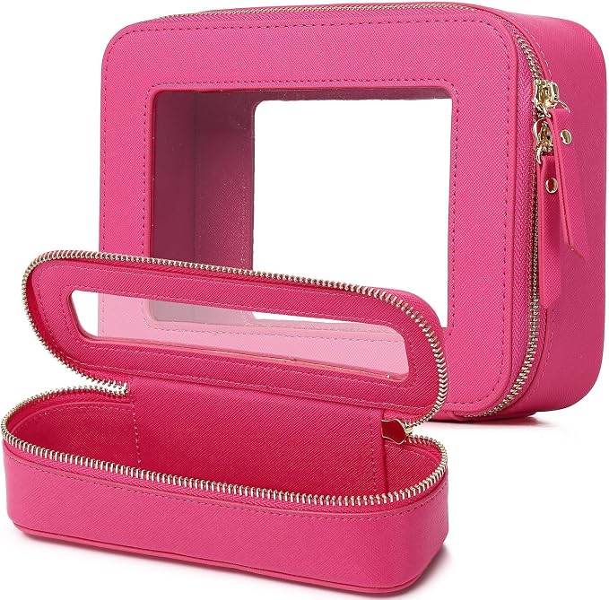 Pinkmik Travel Clear Makeup Bag with Brush Case TSA Approved Toiletry Bag Waterproof Cosmetic Organizer with Zipper Car Essential for Women (X/Fuxia, M+SLIM) by Pinkmik