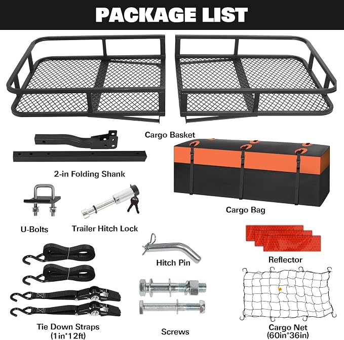 WEIZE Folding Hitch Mount Cargo Carrier Basket 60" X 20" X 6"+ Waterproof Cargo Bag, Hauling Weight Capacity of 500 Lbs and A Folding Arm, with Hitch Stabilizer, Net and Straps - Image 6