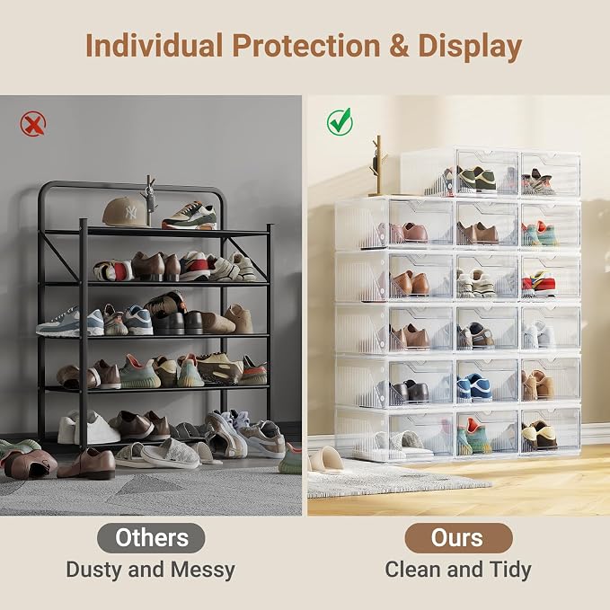 XX-Large Shoe Sneaker Storage Boxes for Size 14, Stackable & Thicken Clear Plastic Shoe Organizers 12 Packs for Entryway Closet Under Bed, Shoe Storage Cabinets Container Display Case w/ Magnetic Door - Image 6