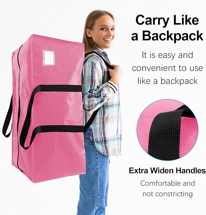 VELVETSURE 12 Pack Heavy Duty Large Moving Bags W/Backpack Straps - Strong Handles & Zippers, Storage Totes For Space Saving, Fold Flat, Alternative to Moving Box and Storage Bin, Pink - Image 4