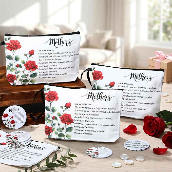 Kacctyen 10 Sets Mother's Day Gifts Bulk for Women Mom Makeup Bag Red Rose Inspirational Compact Mirror Cosmetic Bag with Zipper and Handle Pocket Mirror Toiletry Pouch for Women Mom Birthday Gift - Image 5