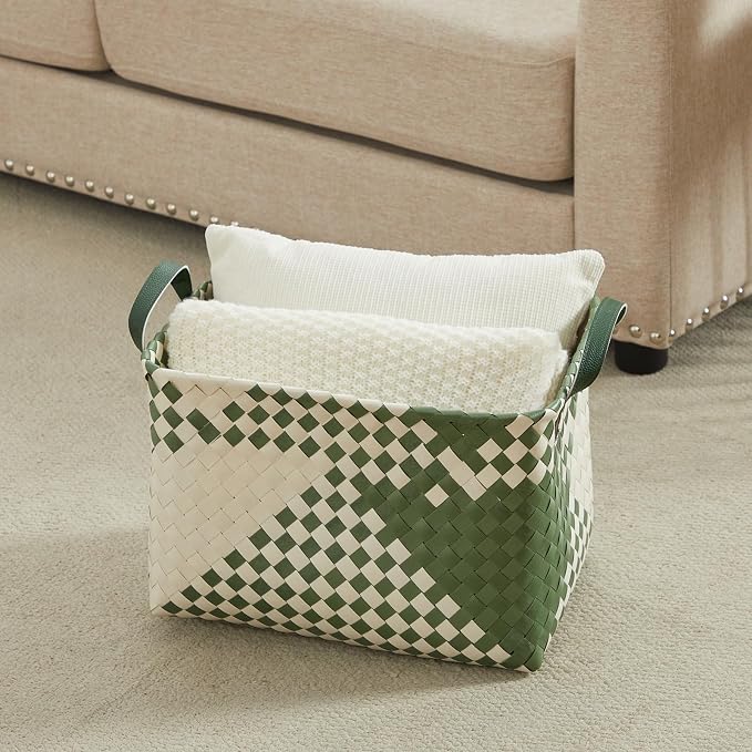BROWNLILY Handwoven Clothes Basket Laundry Hampers Large Wicker Storage Baskets for Shelves Blankets Closet Storage Bins Car Bedroom Bathroom Organizers and Storage Bath (Pack of 4, Green&White) - Image 7