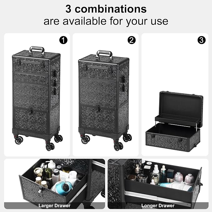 Rolling Makeup Case with Large Drawer, Makeup Train Case with Tray, Cosmetology Case on Wheels, Travel Makeup Case Organizers, Professional for Salon Barber, Nail, Tattoo, Black - Image 4