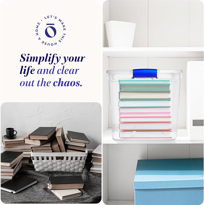 HOMZ 4-Pack 31 Quart Latching Lid, Clear Plastic Storage Organizer Bins, Blue – Stackable Containers for Home & Office Shelves, Kitchen, Garage, and Bathroom Organization - Image 6