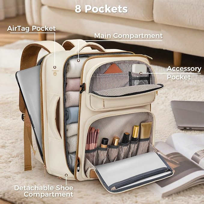Taygeer Frontier Airlines Personal Item Bag, 18x14x8 inches Travel Bag | TSA Approved Underseat Backpack 40L for Women Weekender Fits Allegiant & JetBlue, Carry on Backpack with Shoe Pouch, Beige - Image 4