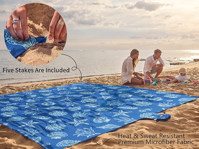 WEKAPO Beach Blanket Waterproof Sandproof Oversized, Extra Large Beach Mat Sand Free, Lightweight & Compact Sand Free Mat with 5 Stakes & 4 Corner Pockets - Image 6