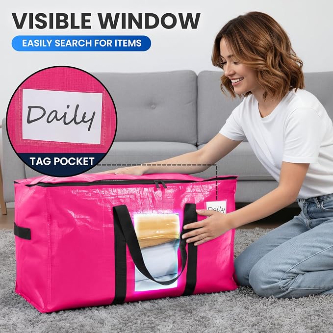 TAILI 10 Pack Pink Extra Large Moving Bags, Heavy Duty Totes with Visible Window, Wrap Around Handles, Ideal for Storage, Space-Saving - Image 5
