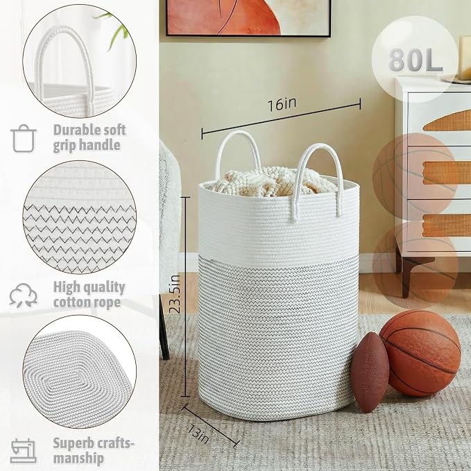 Artfeel Laundry Basket,Woven Cotton Rope Laundry Hamper,100L Versatile Storage for Dirty Clothes,Baby Toys,and Blankets in Bathroom, Nursery,and Living Room - Image 2