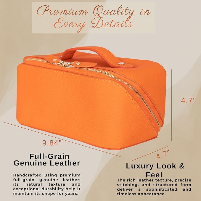 VENOULT Makeup Bag, Spacious Cosmetic Case for Women, Portable 180° Wide-Open Flat Cosmetic Bag, Travel Toiletry Organizer with Handle, Hanmdade, Full Grain Genuine Turkish Leather (Mango) - Image 3