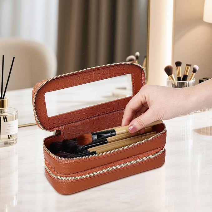Double Layer Makeup Bag Makeup Brush Case Waterproof Travel Cosmetic & Toiletry Bag Purse Organizer and Car Essentials for Women (Brown, 2-Layer SLIM) - Image 2