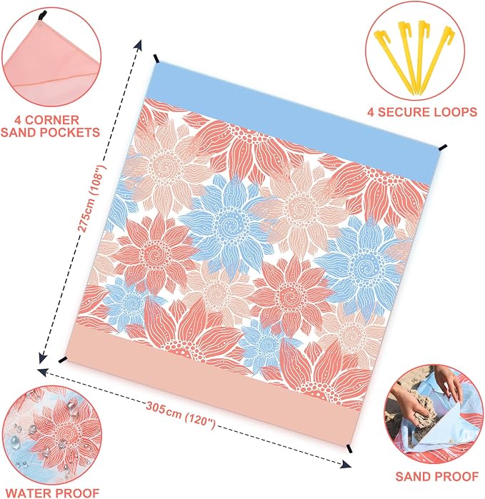 WIWIGO Beach Blanket Sandproof Extra Large Beach Mat Adults Waterproof Quick Drying Sand Free Mat Made by Premium Polyester with 4 Stakes & 4 Corner Pockets for Outdoor Travel Camping Hiking - Image 2