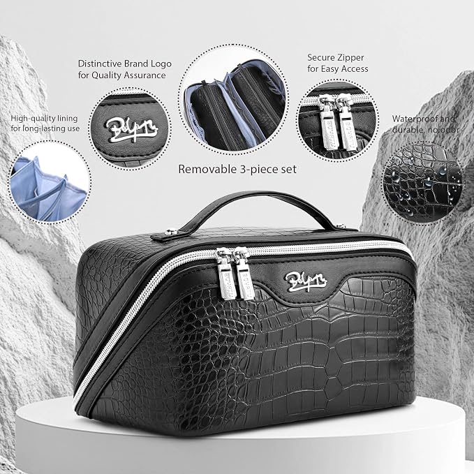 BOYATU Travel Makeup Bag Cosmetic Bags for Women: 3 Pcs Set Large Capacity Make up Bag with Handle - Crocodile Pattern Vegan Leather Toiletry Bags Travel Essentials with Compartments(E-1-Black) - Image 2