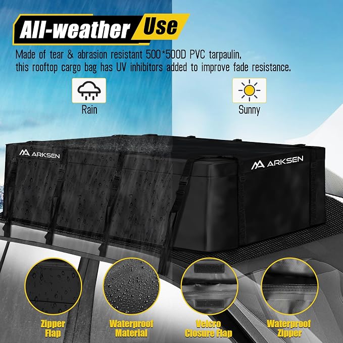 ARKSEN Extra-Wide 42 Cubic Feet Waterproof Rooftop Cargo Carrier Bag Heavy Duty Car Roof Rack Bag for Full-Size Cars w/ 8 Door Hook Straps +1 Combination Lock, 12 Reinforced Straps & Anti-Slip Mat - Image 3