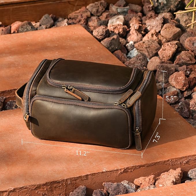 Polare Full Grain Leather Toiletry Bag Travel Dopp Kit Makeup Cosmetic Organizer Shaving Kit Wash Case with Hanging Hook (B-Dark Brown) - Image 5