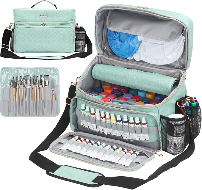 Art Supplies Organizer Storage Bag with Detachable Paint Brush Holder & Partition - Carrying Case for Home/Travel/Outdoor Fits Marks, Acrylic Paint, Palettes, Folding Buckets, Portfolios (Pro Green) by SOLDWELLALLOVERTHEWORLD