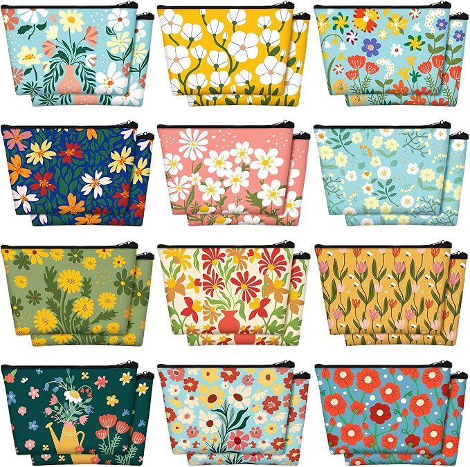 Sweetude 24 Pcs Colorful Floral Makeup Bag Bulk Portable Travel Cosmetic Bags with Zipper Simple Flower Waterproof Roomy Travel Toiletry Organizer Storage Beauty Pouch for Women Gifts by Sweetude